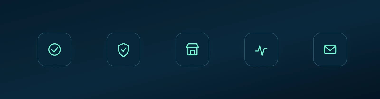 Icon strip representing company verification, security, marketplace readiness, status and contact.